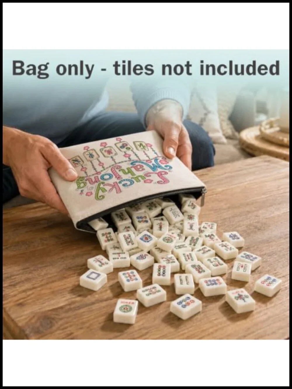 Linen Mahjong Tile Bag with Zipper for Travel